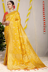 Stunning Cyber Yellow Golden Zari Worked Heavy Banarasi Saree